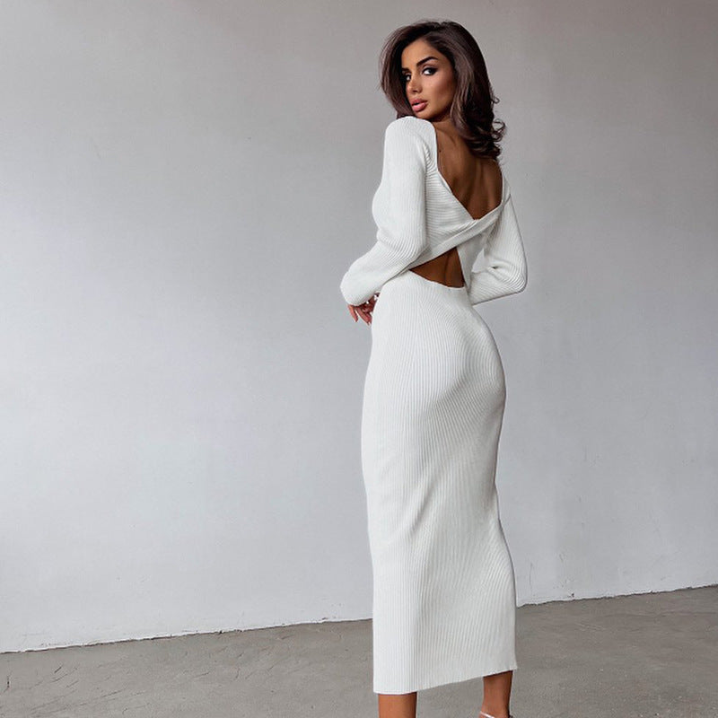 Einfarbiges, langärmliges, elegantes, schmal geschnittenes, hohles, rückenfreies Zwei-Wege-Kleid
