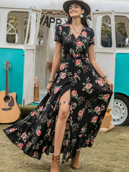 Split Printed V-Neck Short Sleeve Dress - Siennasass