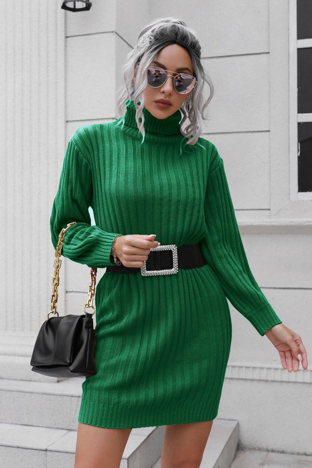 Ribbed Turtle Neck Long Sleeve Mini Sweater Dress - Siennasass