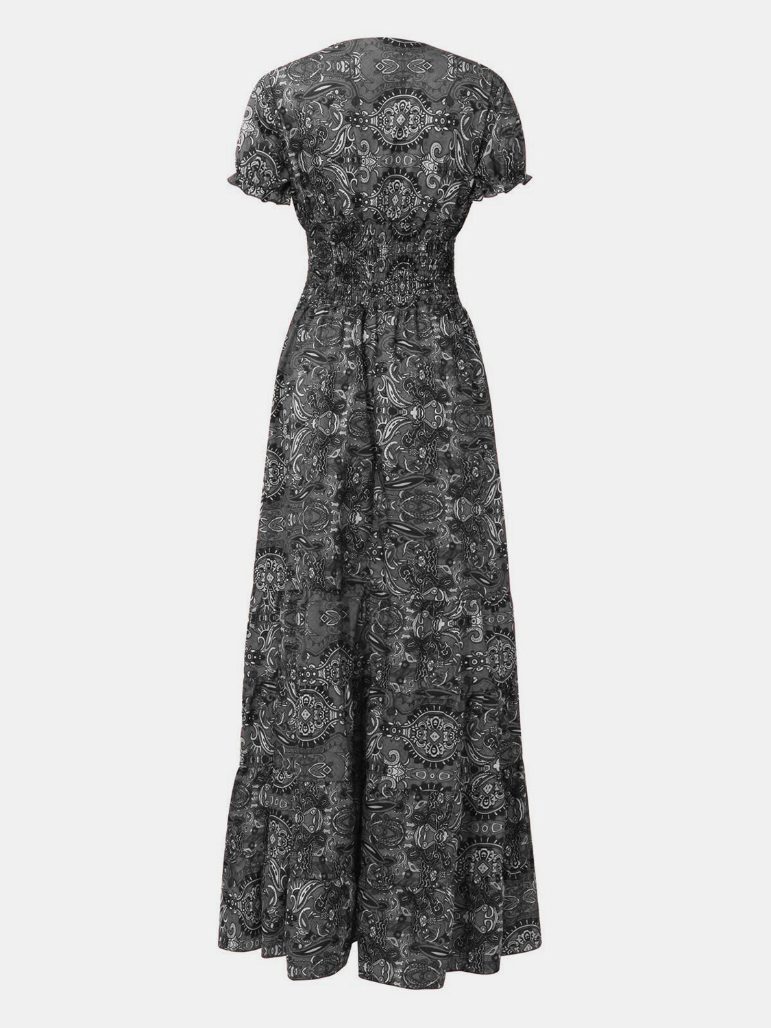 Full Size Smocked Printed V-Neck Short Sleeve Dress - Siennasass
