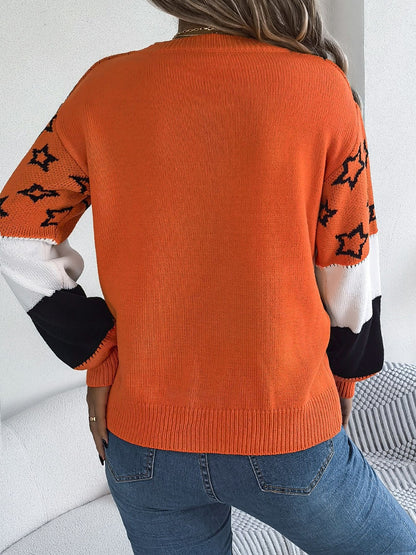 Star Contrast Round Neck Sweater - Siennasass