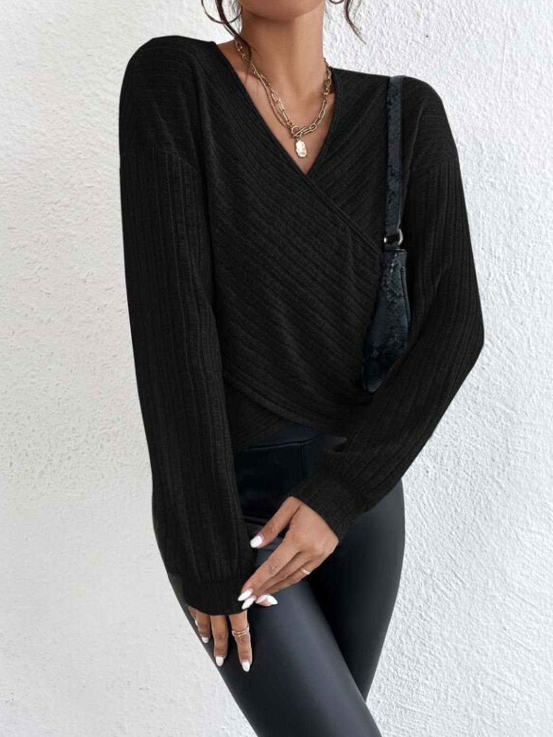 Surplice Dropped Shoulder Long Sleeve T-Shirt - Siennasass