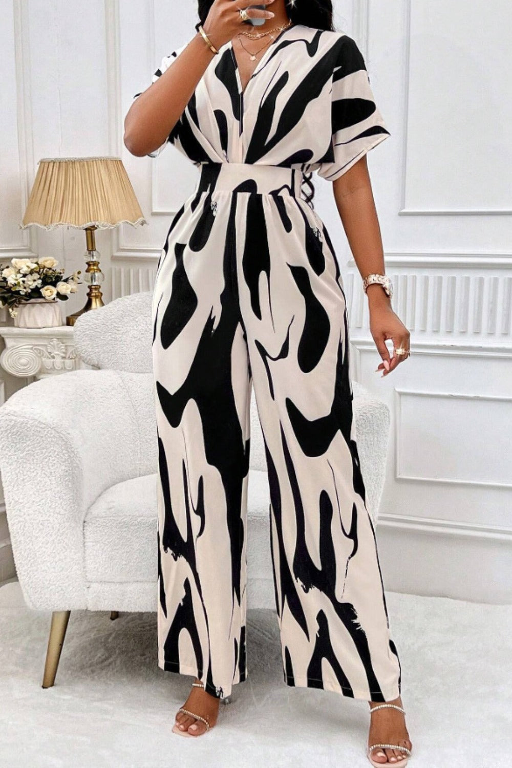 Printed V-Neck Short Sleeve Wide Leg Jumpsuit - Siennasass