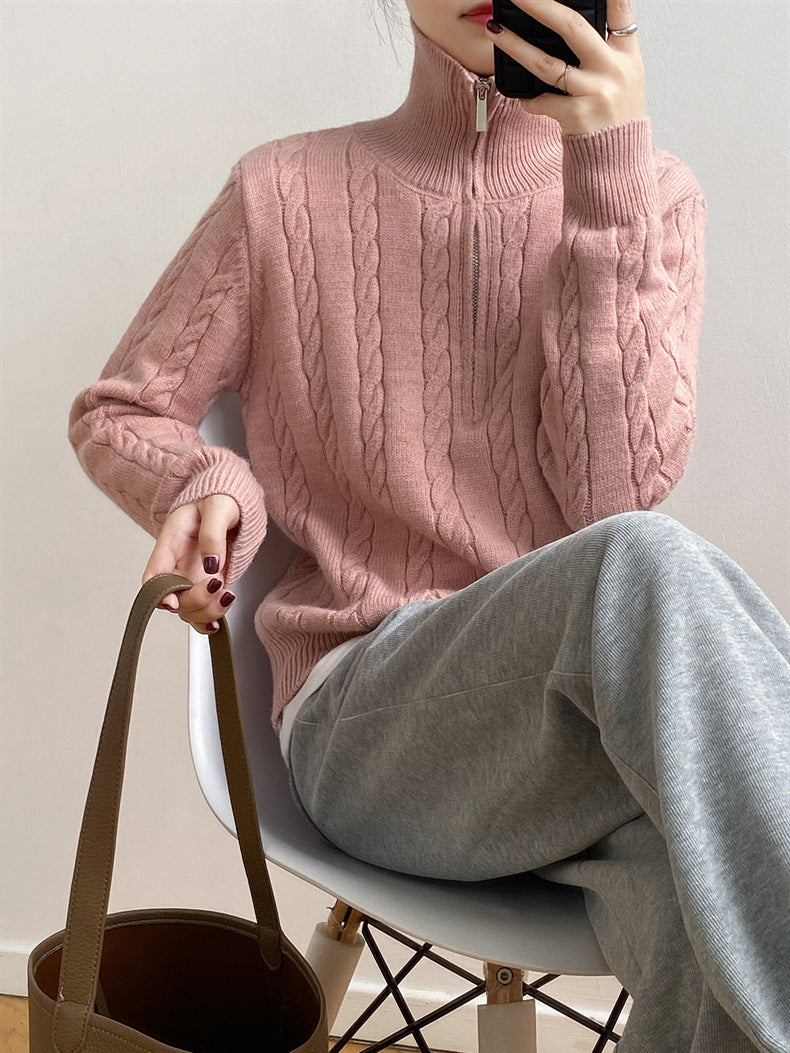 Cable-Knit Half Zip Long Sleeve Sweater - Siennasass