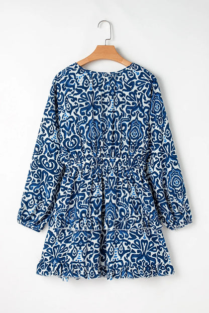 Printed Tie Neck Long Sleeve Dress - Siennasass