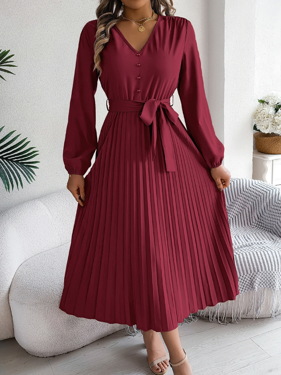 Pleated Tied V-Neck Long Sleeve Dress - Siennasass