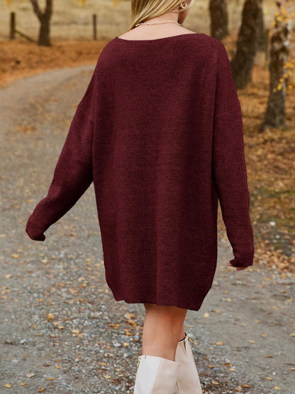 V-Neck Dropped Shoulder Sweater Dress - Siennasass