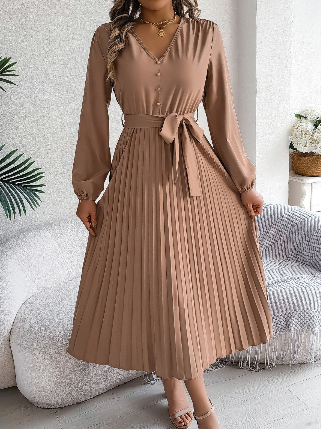 Pleated Tied V-Neck Long Sleeve Dress - Siennasass