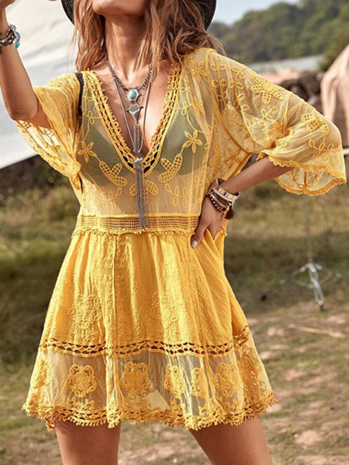 Lace Detail Plunge Cover-Up Dress - Siennasass