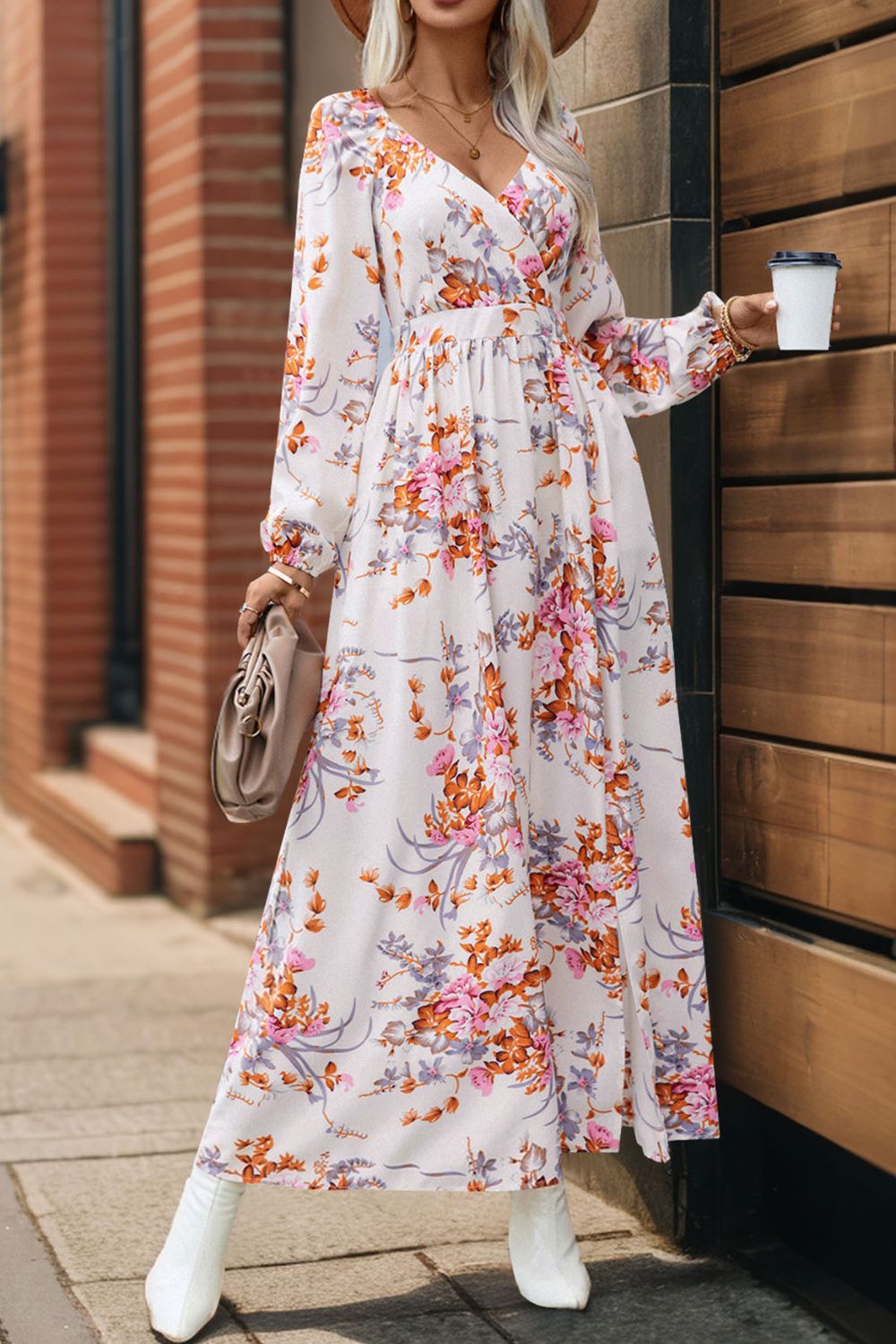 Slit Printed Surplice Long Sleeve Maxi Dress - Siennasass