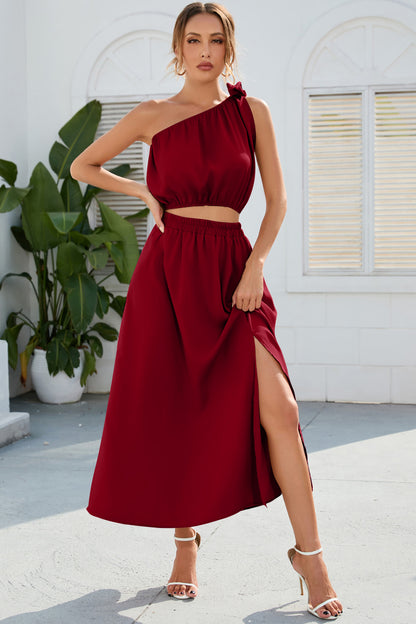 Ruched One Shoulder Top and Slit Skirt Set - Siennasass