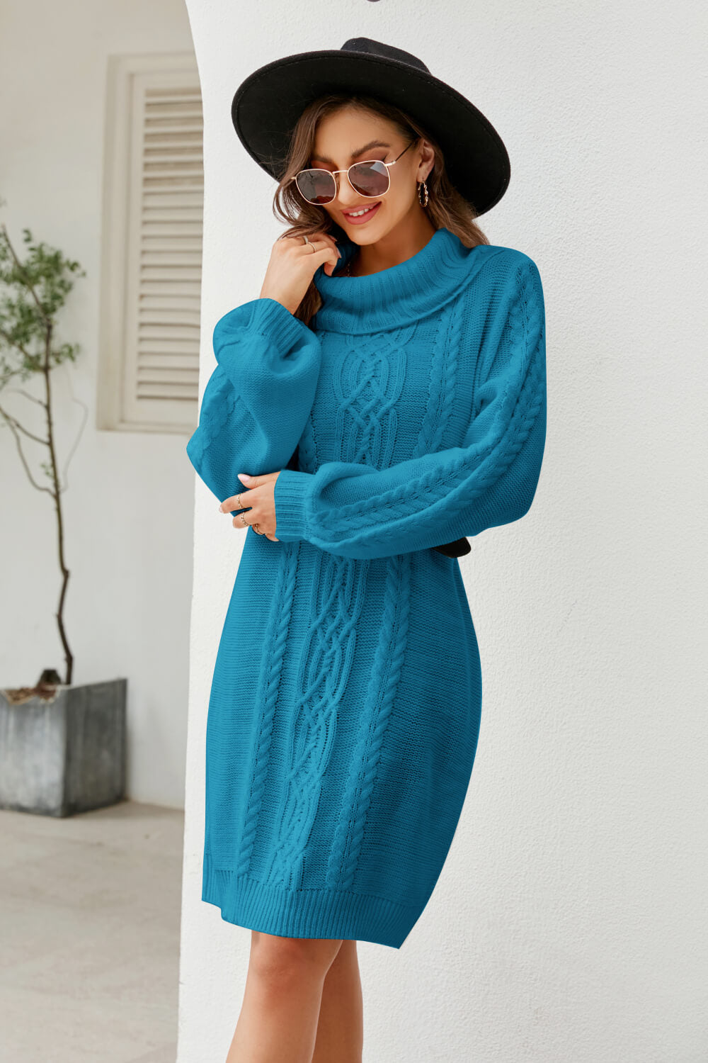 Woven Right Mixed Knit Turtleneck Lantern Sleeve Sweater Dress - Siennasass
