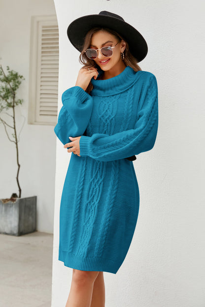 Woven Right Mixed Knit Turtleneck Lantern Sleeve Sweater Dress - Siennasass