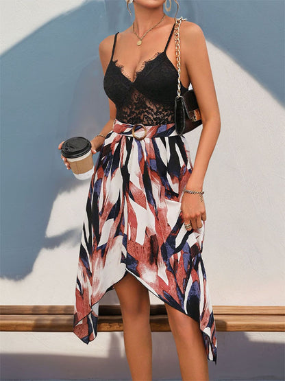 Lace Patchwork Printed V-Neck Dress - Siennasass