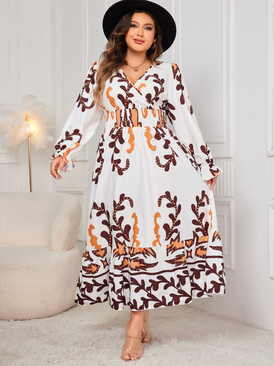Plus Size Printed Surplice Flounce Sleeve Dress - Siennasass