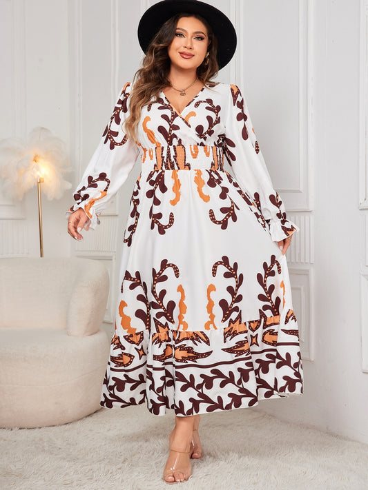 Plus Size Printed Surplice Flounce Sleeve Dress - Siennasass