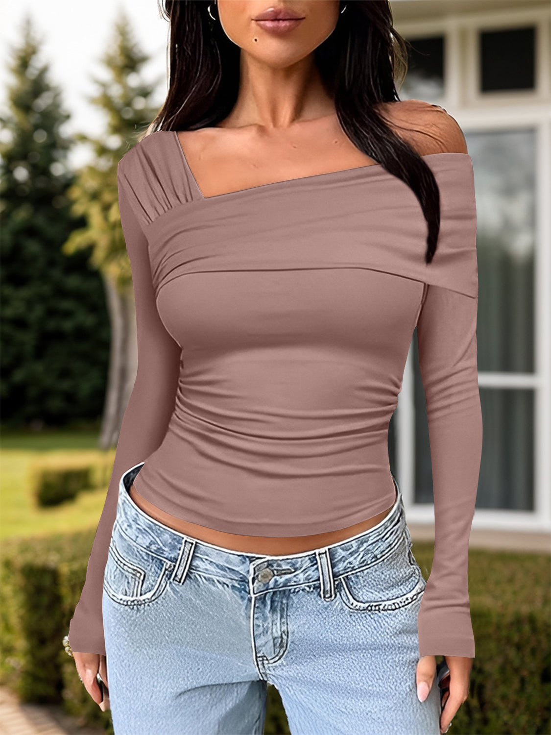 Ruched One Shoulder Long Sleeve T-Shirt - Siennasass