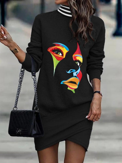 Printed Turtleneck Long Sleeve Mini Dress - Siennasass