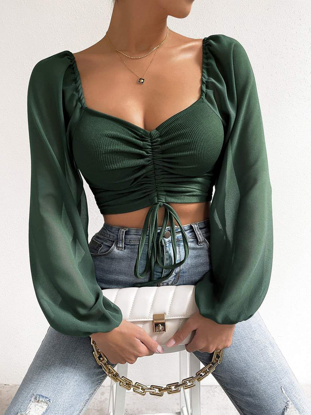 Drawstring Sweetheart Neck Cropped Top - Siennasass