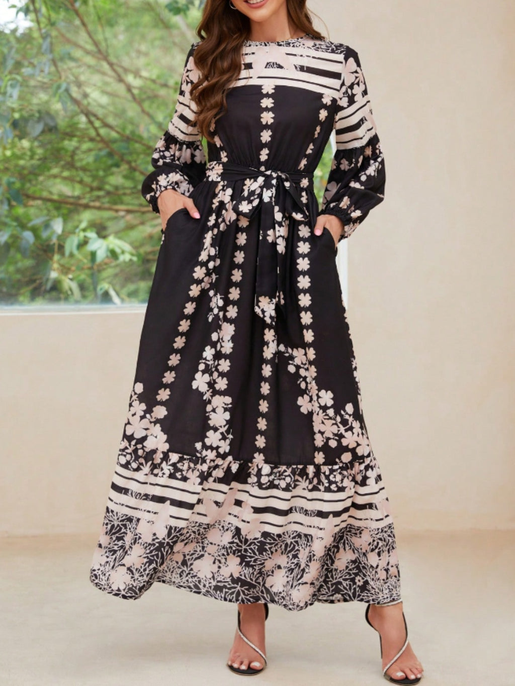 Printed Round Neck Long Sleeve Maxi Dress with Pockets - Siennasass