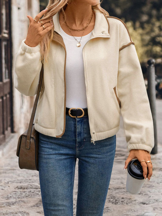 Perfee Zip Up Dropped Shoulder Polar Fleece Jacket - Siennasass