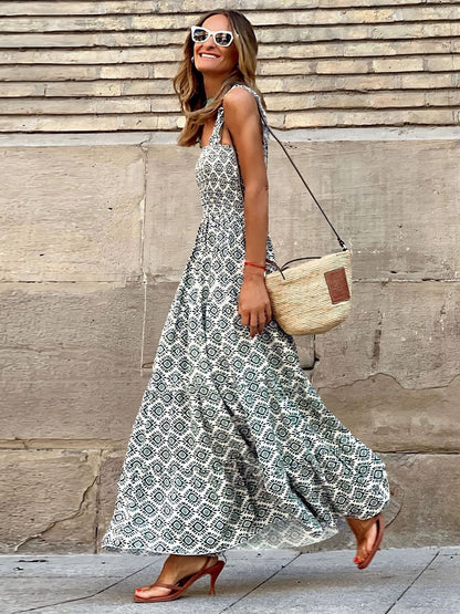Smocked Printed Square Neck Sleeveless Dress - Siennasass