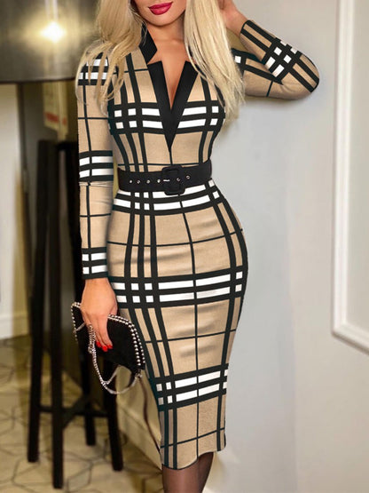 Printed Notched Long Sleeve Wrap Dress - Siennasass