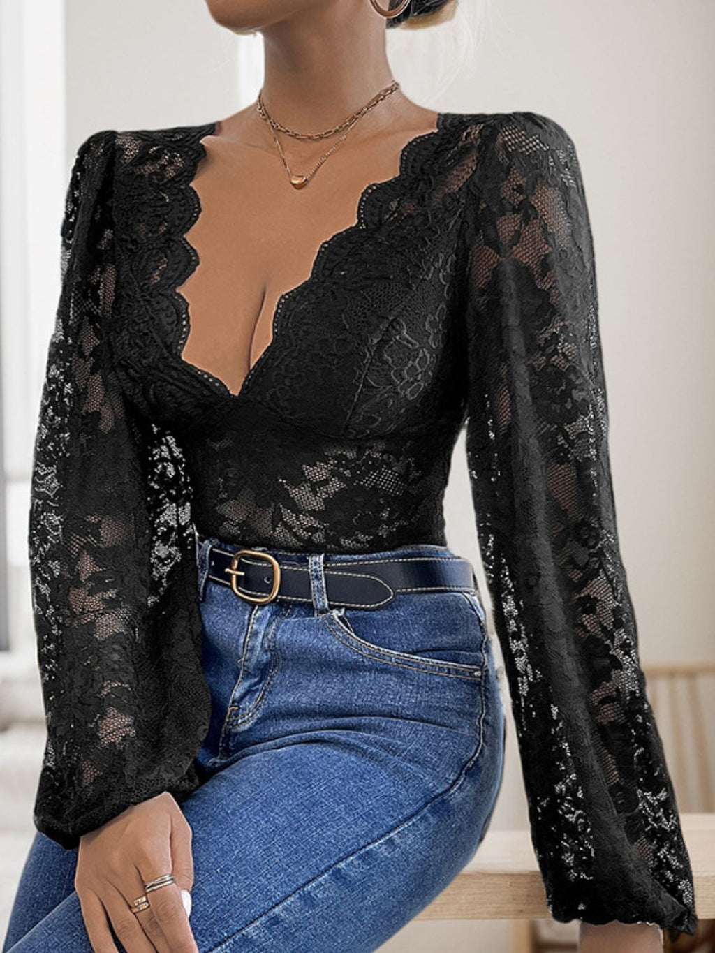 Perfee Lace Plunge Long Sleeve Bodysuit - Siennasass