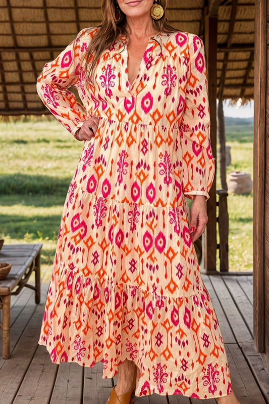 Tiered Printed Notched Long Sleeve Midi Dress - Siennasass