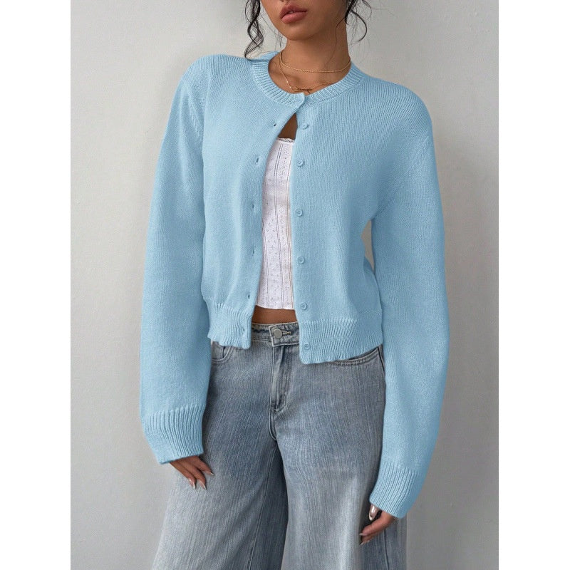 Chic Solid Color Slim Fit Short Cardigan Sweater - Long Sleeve Knit