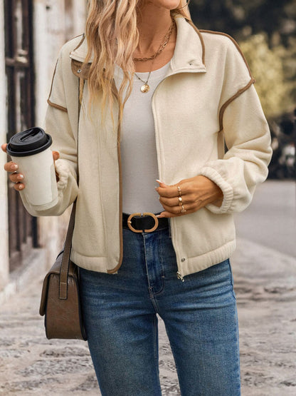 Perfee Zip Up Dropped Shoulder Polar Fleece Jacket - Siennasass