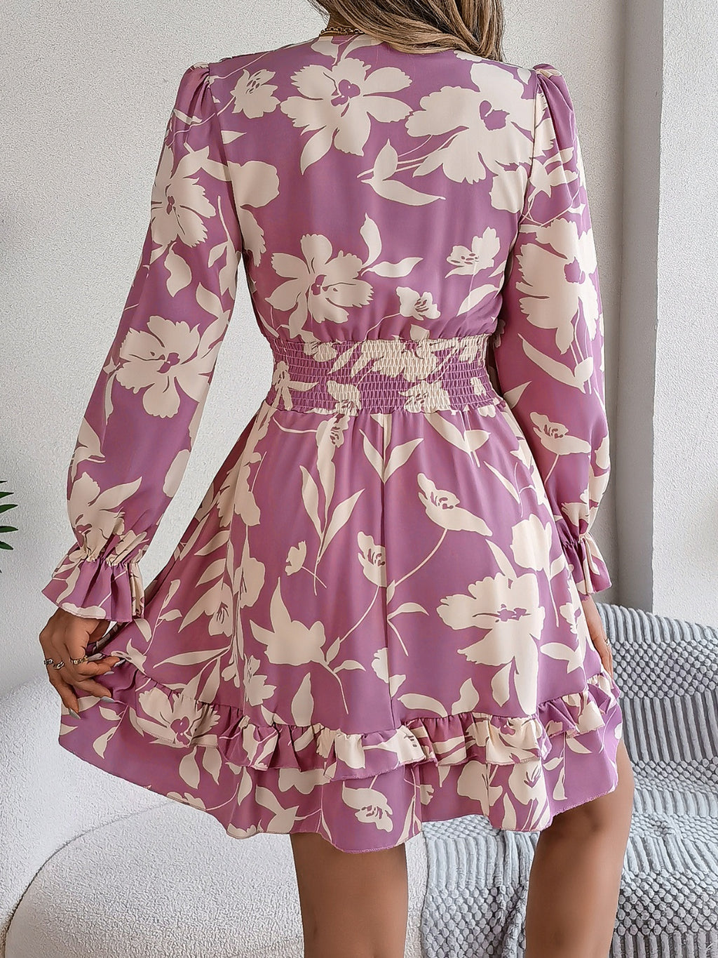 Tied Ruffled Printed Long Sleeve Dress - Siennasass