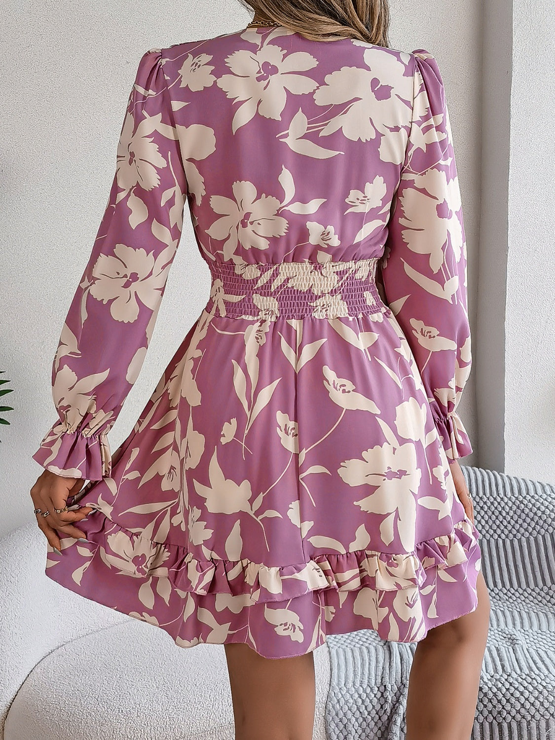 Tied Ruffled Printed Long Sleeve Dress - Siennasass