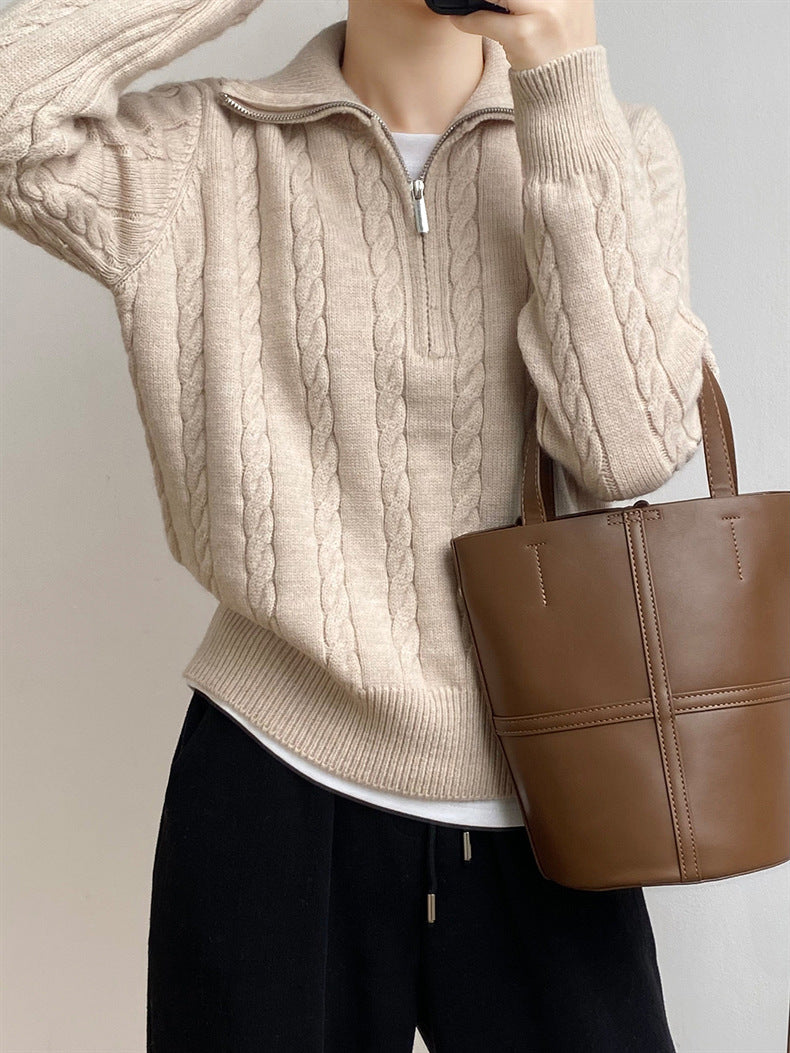 Cable-Knit Half Zip Long Sleeve Sweater - Siennasass