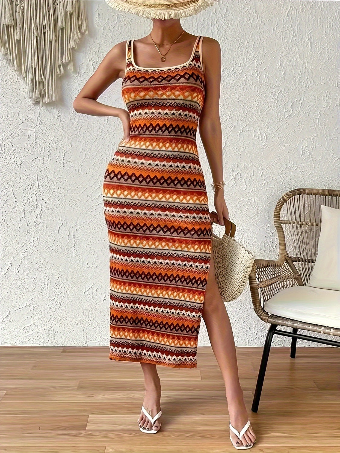 Full Size Slit Square Neck Wide Strap Midi Dress - Siennasass