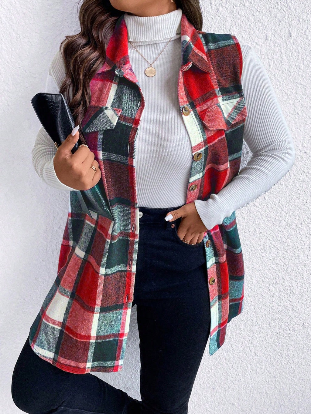 Honey Plus Size Pocketed Plaid Button Up Vest Coat - Siennasass