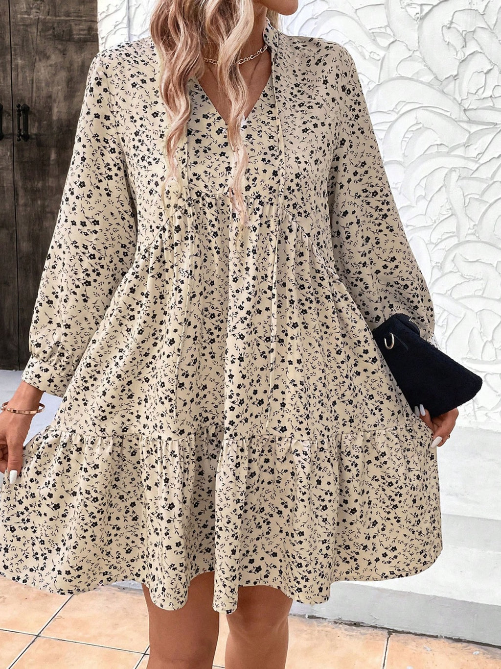 Tied Printed Long Sleeve Mini Dress - Siennasass