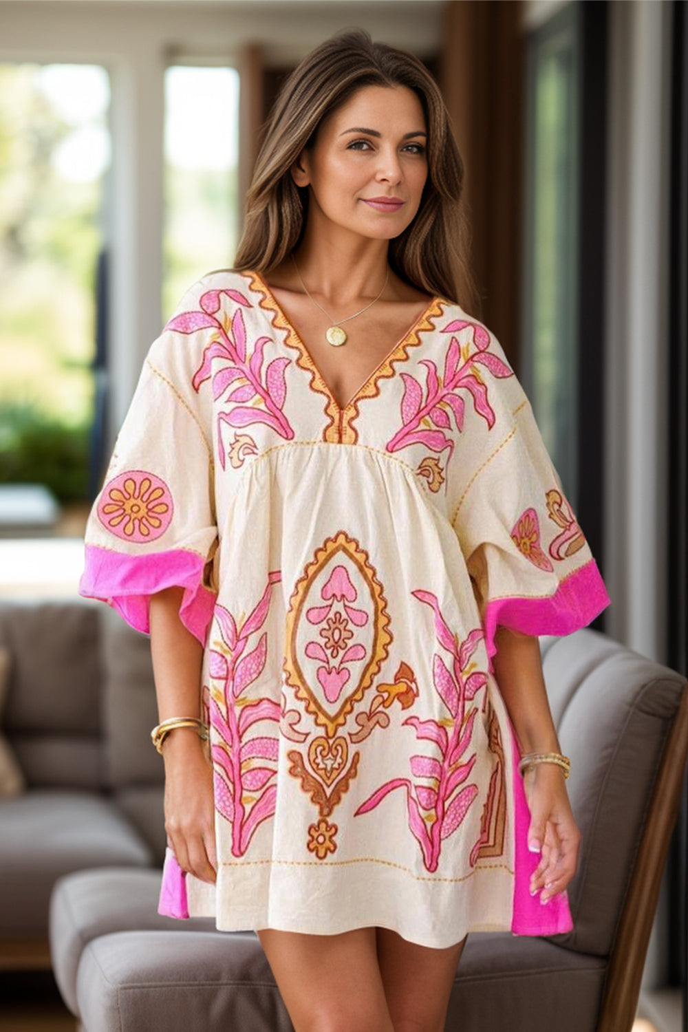 Printed V-Neck Three-Quarter Sleeve Mini Dress - Siennasass