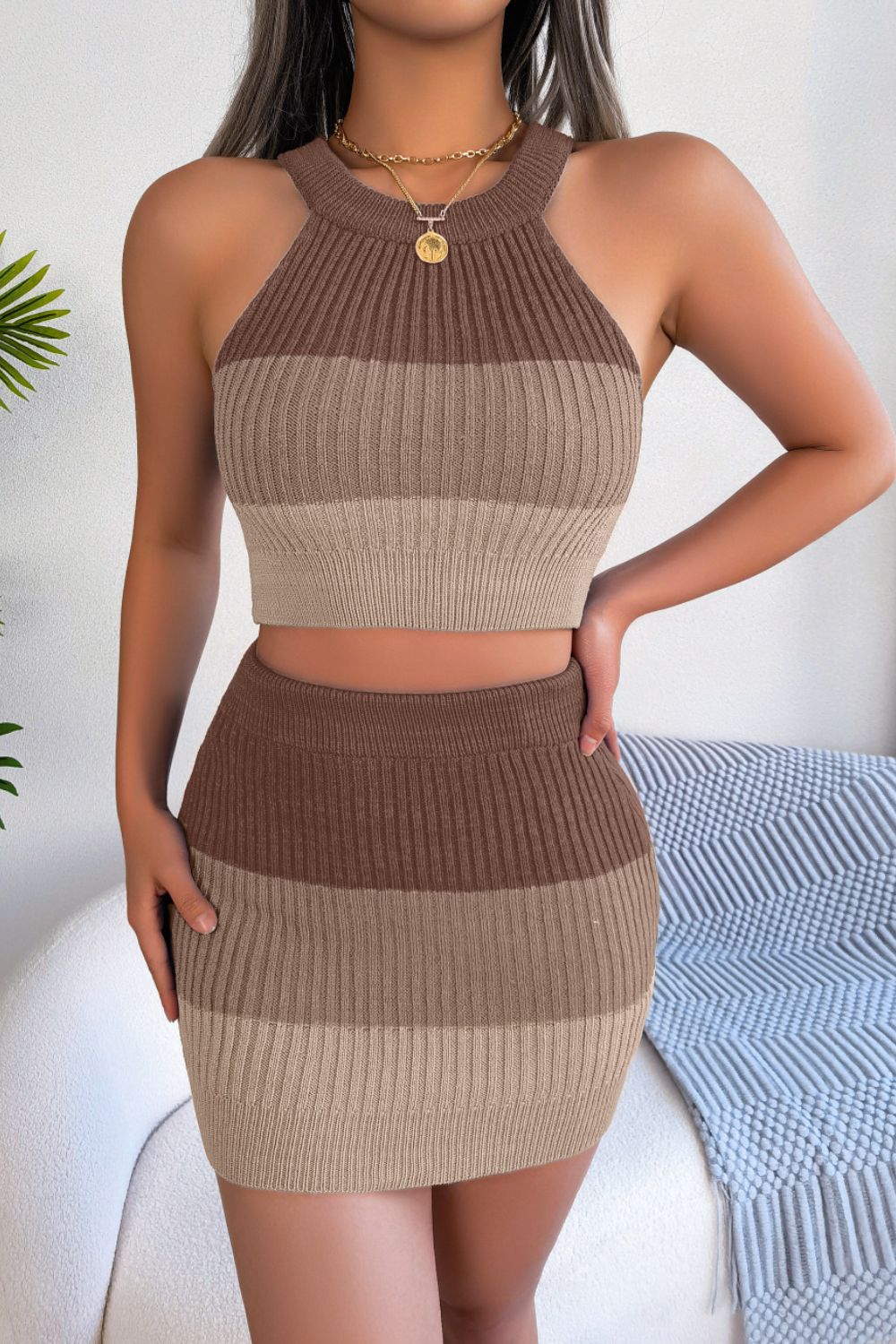 Color Block Sleeveless Crop Knit Top and Skirt Set - Siennasass