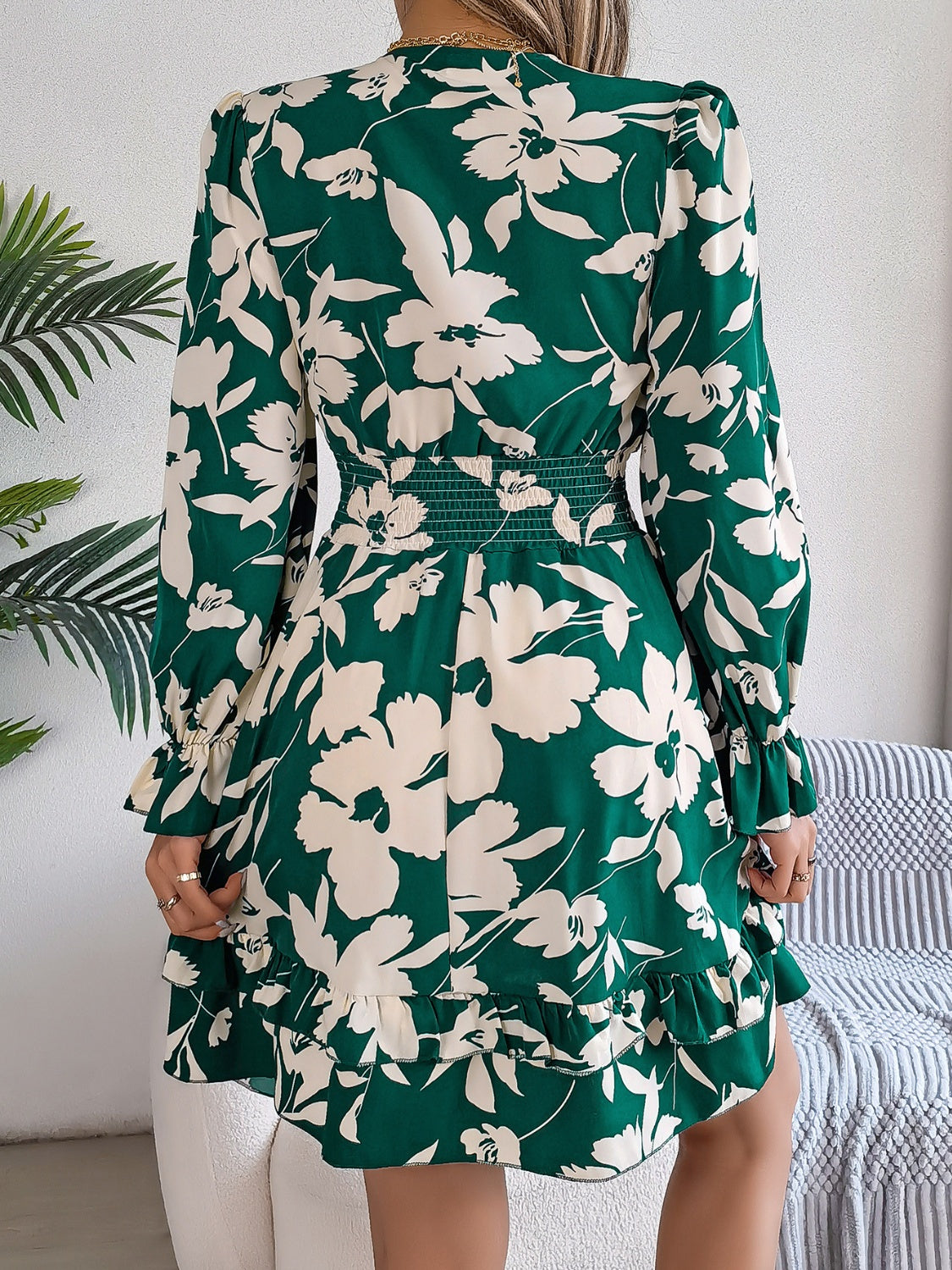 Tied Ruffled Printed Long Sleeve Dress - Siennasass