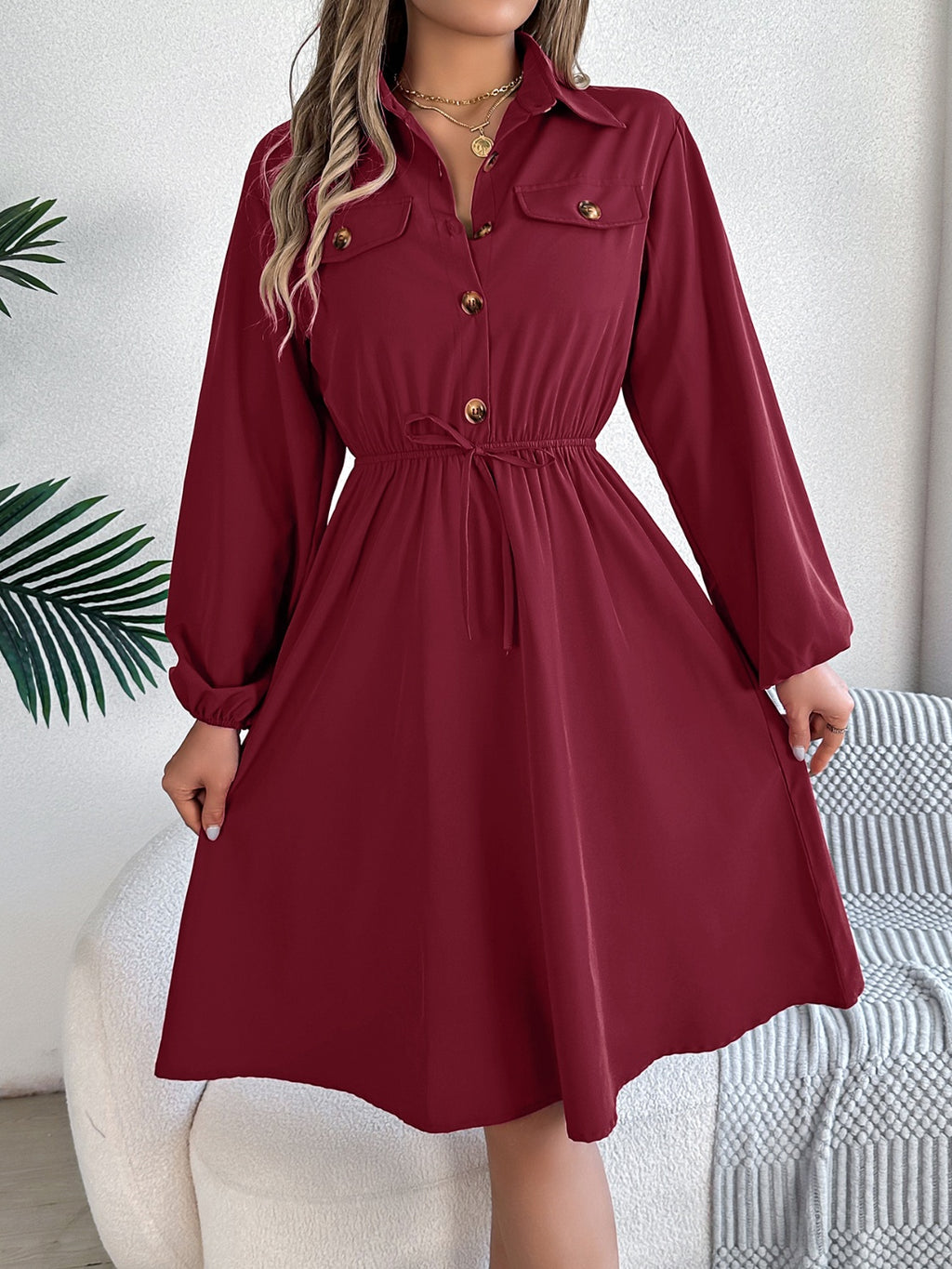 Collared Neck Long Sleeve Dress with Pockets - Siennasass
