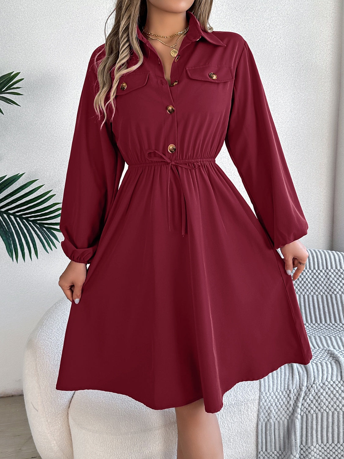 Collared Neck Long Sleeve Dress with Pockets - Siennasass