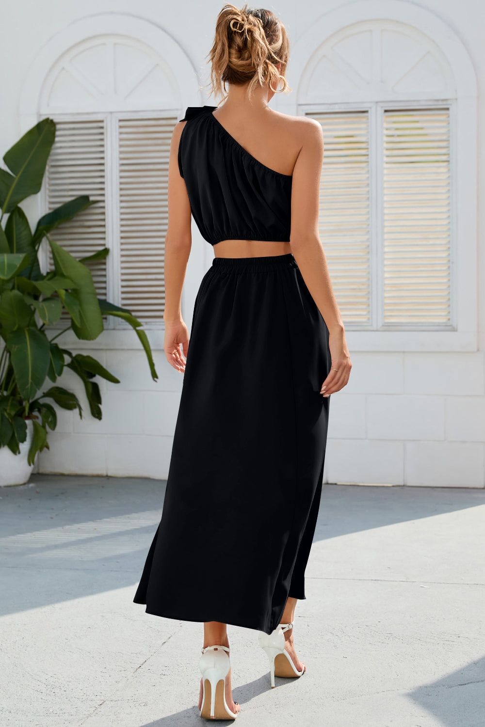Ruched One Shoulder Top and Slit Skirt Set - Siennasass