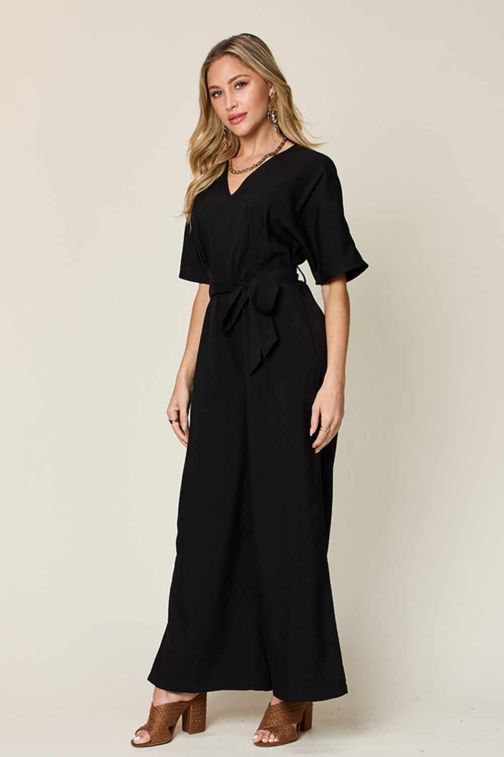 Double Take Full Size V-Neck Tie Front Short Sleeve Slit Jumpsuit - Siennasass