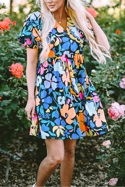 Printed Johnny Collar Half Sleeve Mini Dress - Siennasass