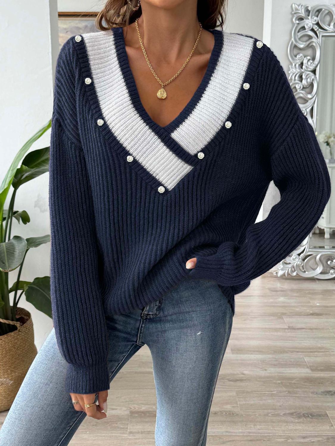 Contrast Trim Dropped Shoulder Long Sleeve Sweater - Siennasass