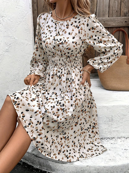 Bedrucktes Langarmkleid mit Rundhalsausschnitt