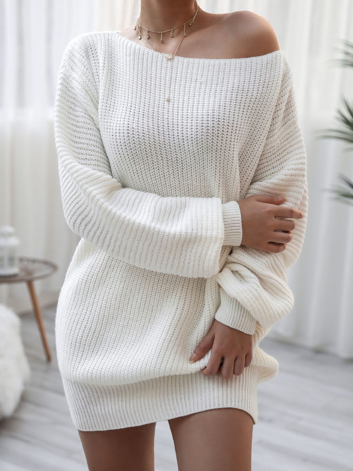 Balloon Sleeve Boat Neck Sweater Mini Dress - Siennasass