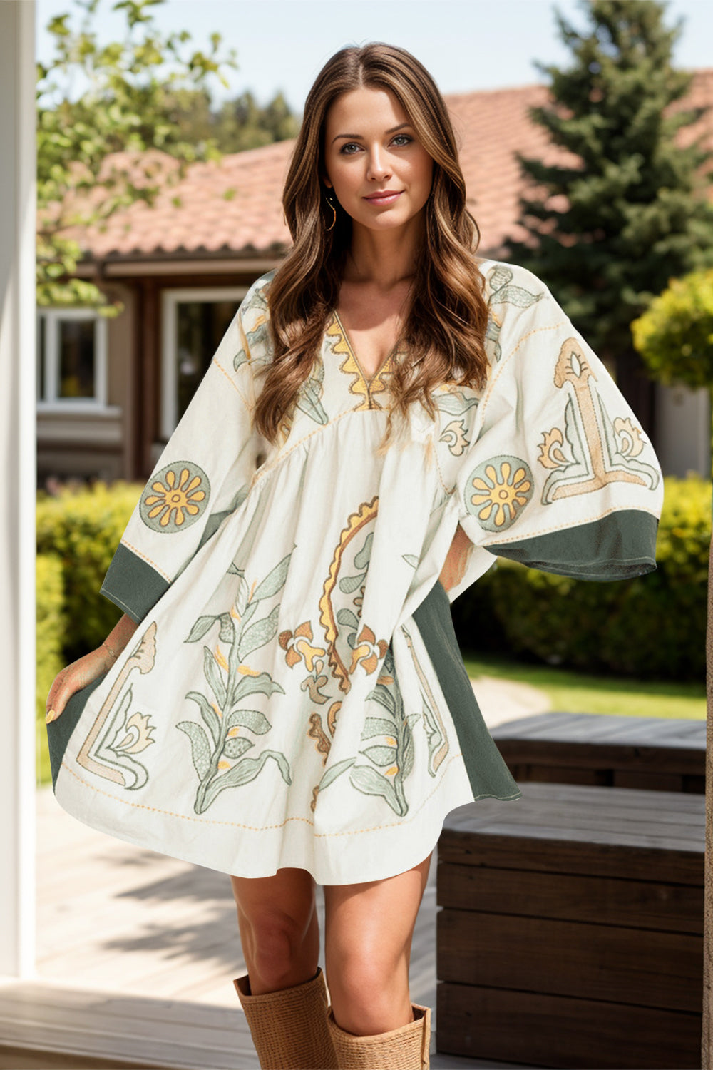 Printed V-Neck Three-Quarter Sleeve Mini Dress - Siennasass