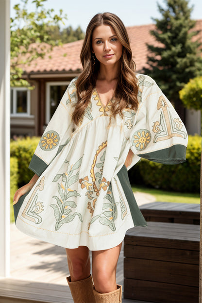 Printed V-Neck Three-Quarter Sleeve Mini Dress - Siennasass